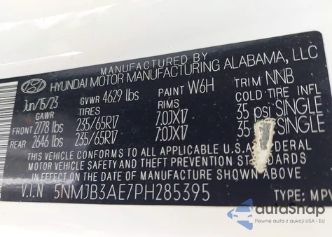 2023 Hyundai Tucson Sel z USA, uszkodzony, nr VIN 5NMJB3AE7PH285395